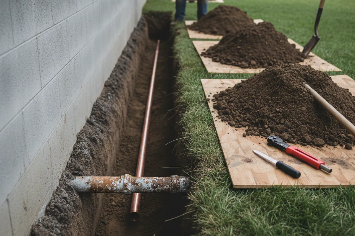 Excavated water line trench during Water Heater Repair in Paincourtville
